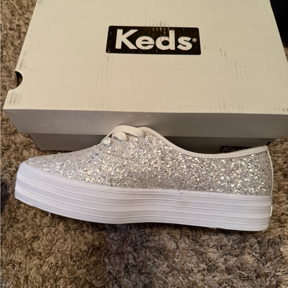 Keds Silver White Glitter Sneakers with Platform Sole